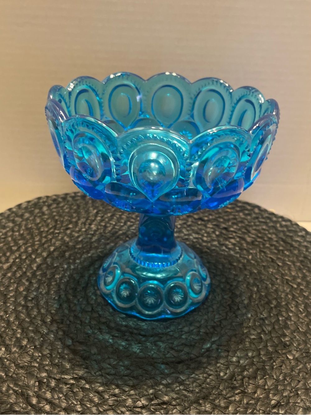L E Smith Moons & StarsBlue Glass candy dish Bowl 6.5” tall, *read*